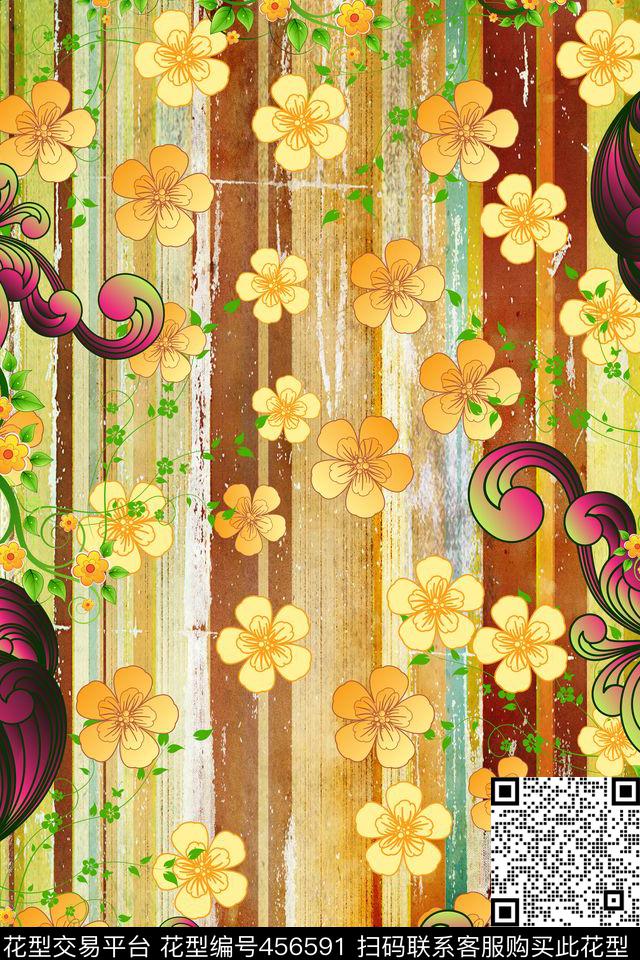 花朵拼接条纹数码印花华亿平台下载（图片编号: 456591） - 瓦栏（Walan）