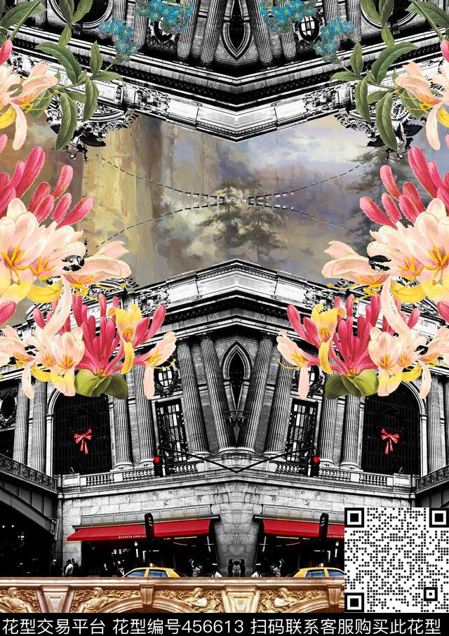 定位欧式复古花卉建筑数码印花华亿平台下载（图片编号: 456613） - 瓦栏（Walan）