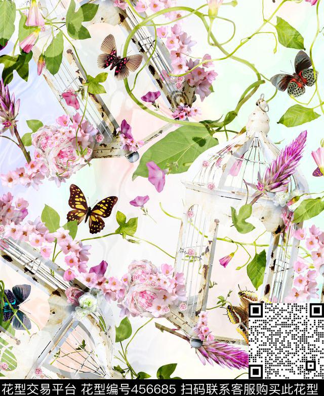 喇叭牵牛花折枝数码印花华亿平台下载（图片编号: 456685） - 瓦栏（Walan）