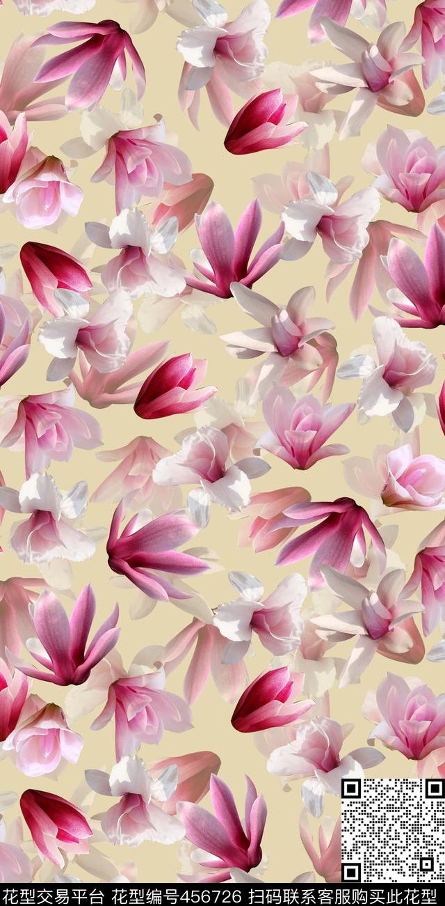 流行时尚花卉玉兰花数码印花华亿平台下载（图片编号: 456726） - 瓦栏（Walan）