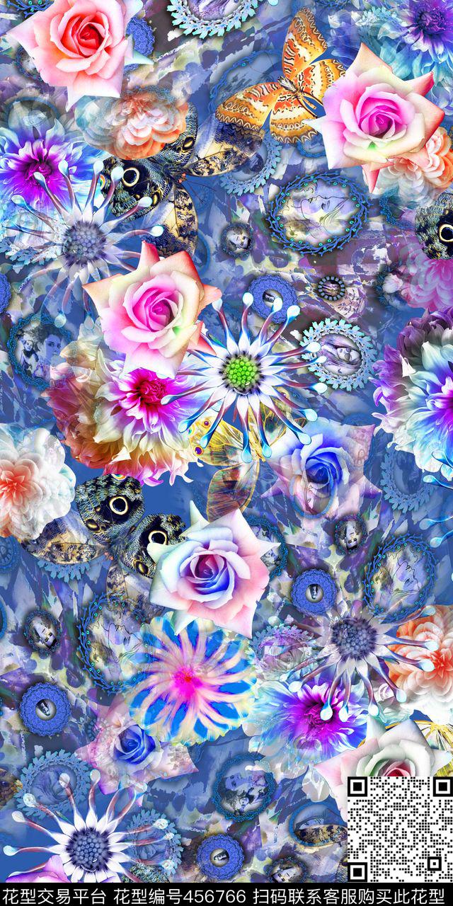 蝴蝶宝石底花卉数码数码印花华亿平台下载（图片编号: 456766） - 瓦栏（Walan）