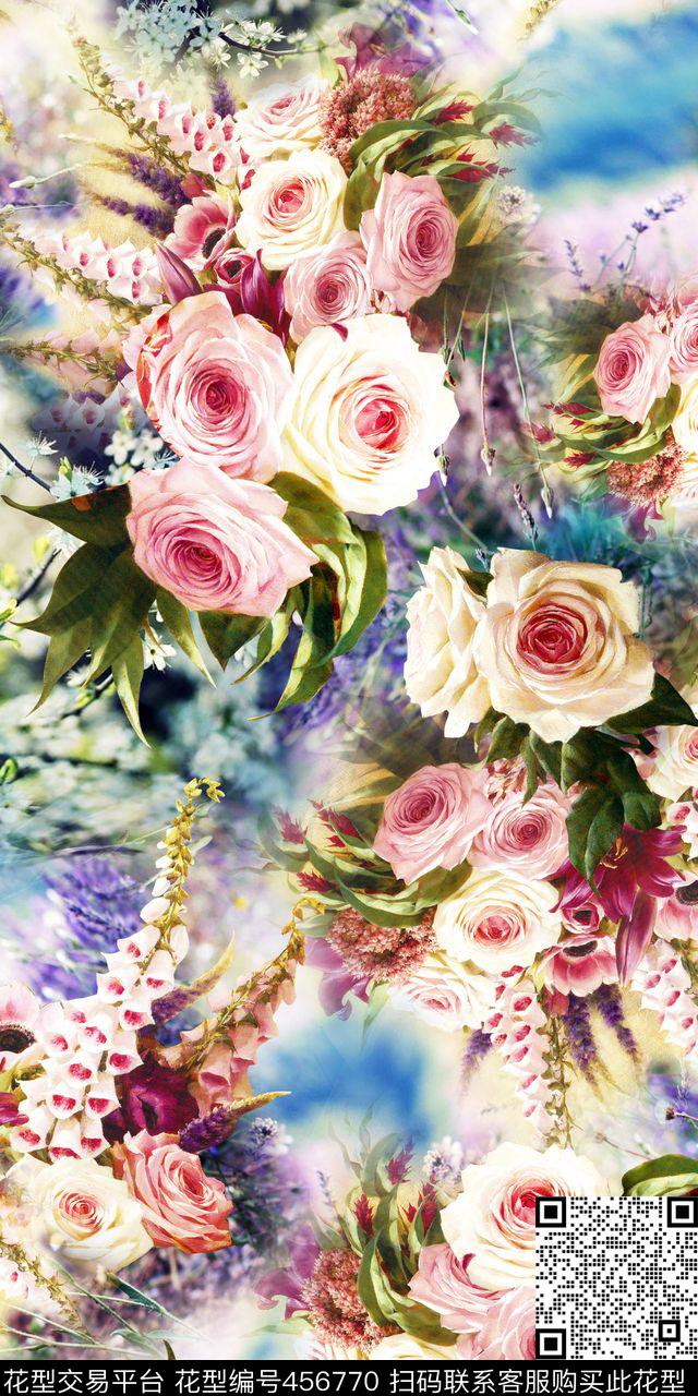 清爽薰衣草底玫瑰花卉数码印花华亿平台下载（图片编号: 456770） - 瓦栏（Walan）