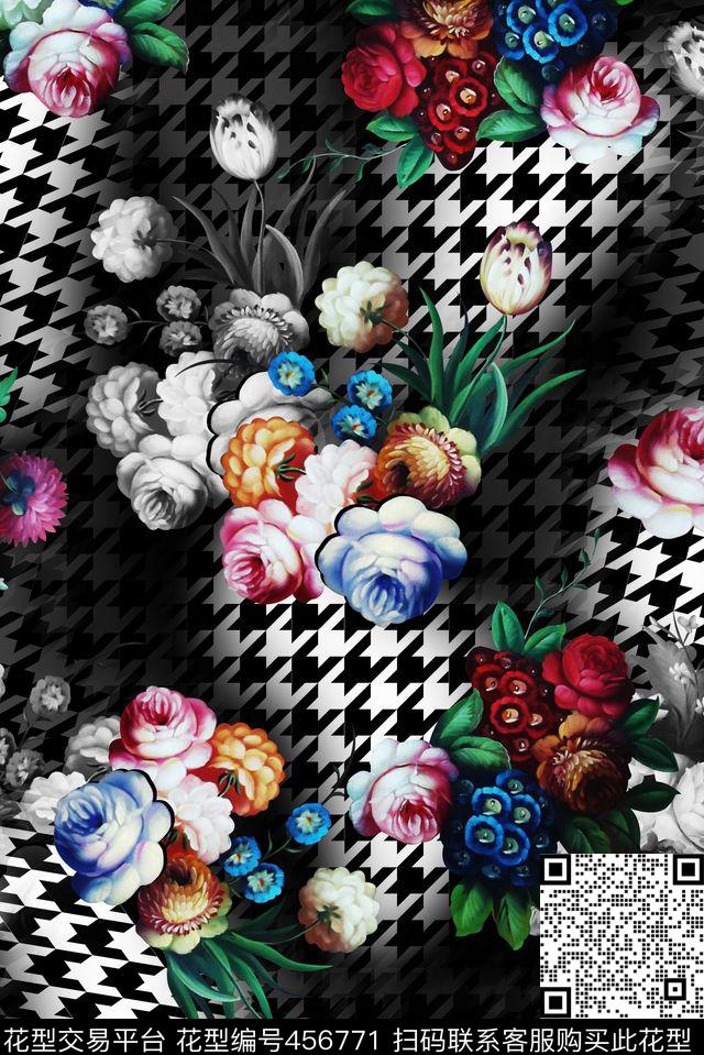手绘花卉千鸟格数码印花华亿平台下载（图片编号: 456771） - 瓦栏（Walan）
