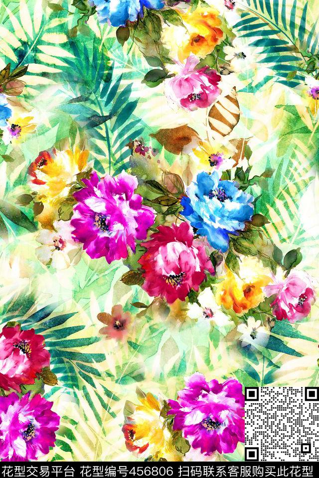 手绘树叶立体花卉花卉数码印花华亿平台下载（图片编号: 456806） - 瓦栏（Walan）