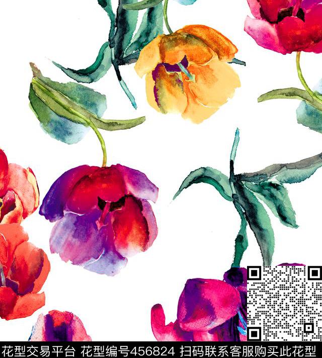 流行时尚欧美简约手绘花卉数码印花华亿平台下载（图片编号: 456824） - 瓦栏（Walan）