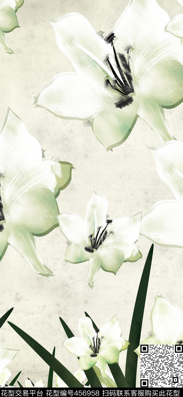 花朵绿白色水墨数码印花华亿平台下载（图片编号: 456958） - 瓦栏（Walan）