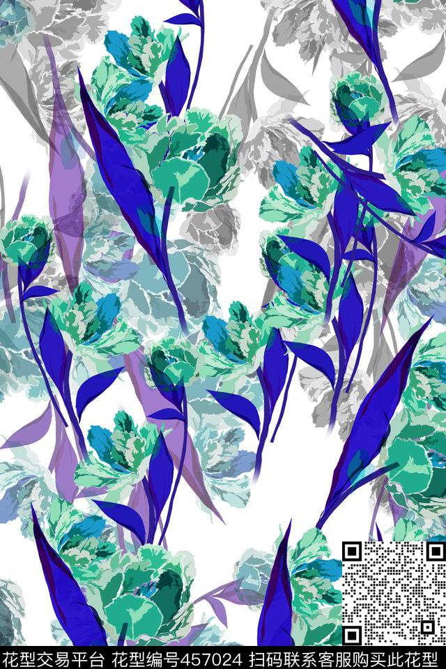 水墨绿叶花卉数码印花华亿平台下载（图片编号: 457024） - 瓦栏（Walan）
