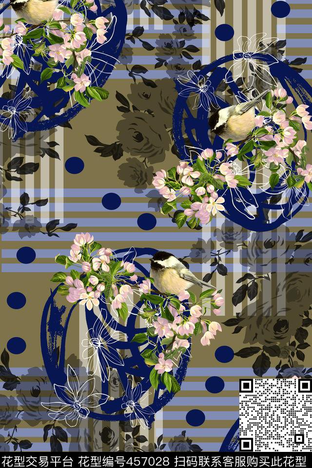 时尚花鸟波点数码印花华亿平台下载（图片编号: 457028） - 瓦栏（Walan）