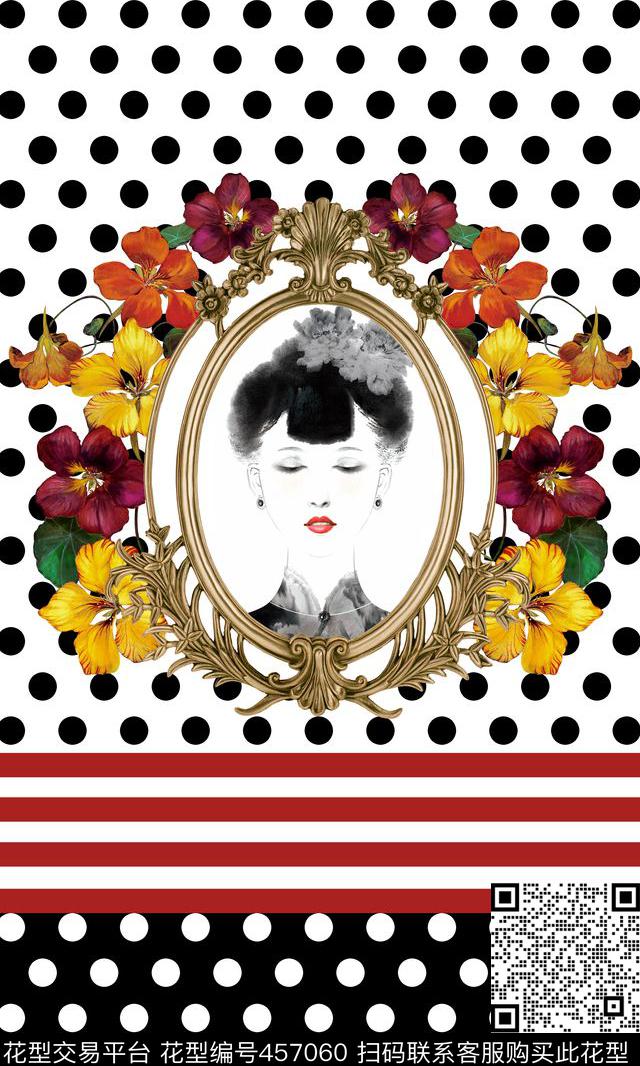 时尚圆点黑白花卉欧式人物数码印花华亿平台下载（图片编号: 457060） - 瓦栏（Walan）