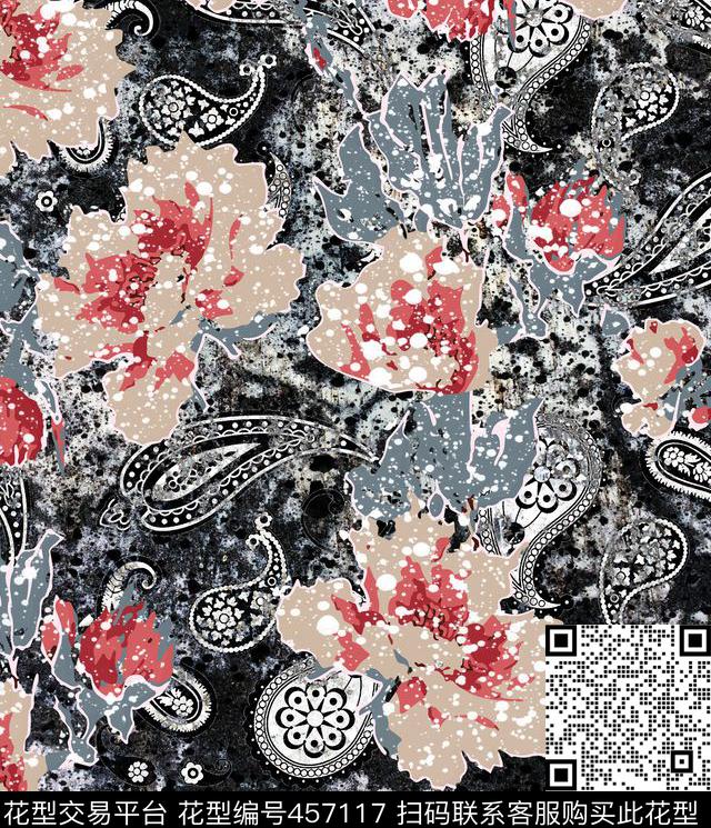 肌理腰果花佩斯利数码印花华亿平台下载（图片编号: 457117） - 瓦栏（Walan）
