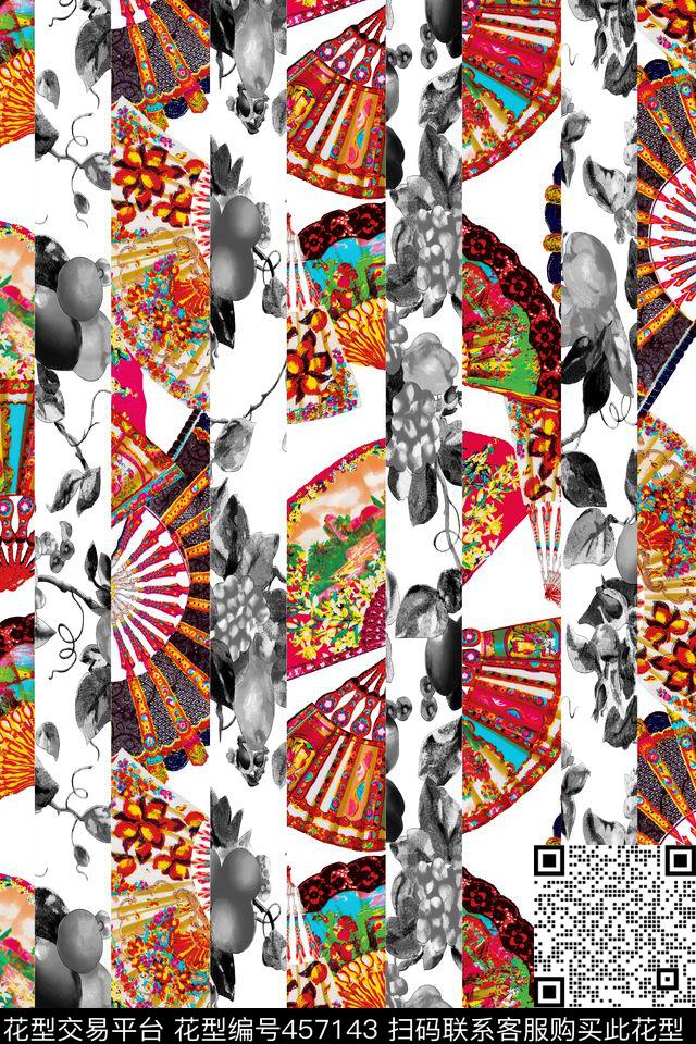 黑白水果欧式扇子休闲风数码印花华亿平台下载（图片编号: 457143） - 瓦栏（Walan）