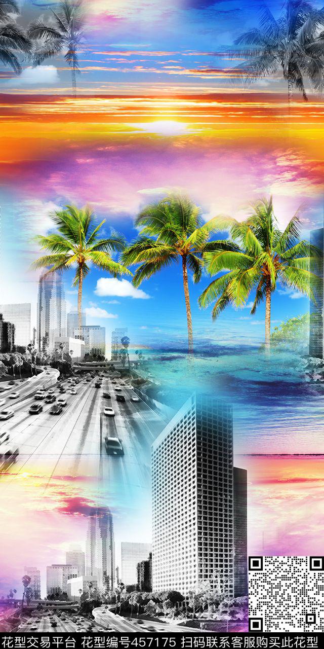 时尚绚丽多彩建筑天空数码印花华亿平台下载（图片编号: 457175） - 瓦栏（Walan）