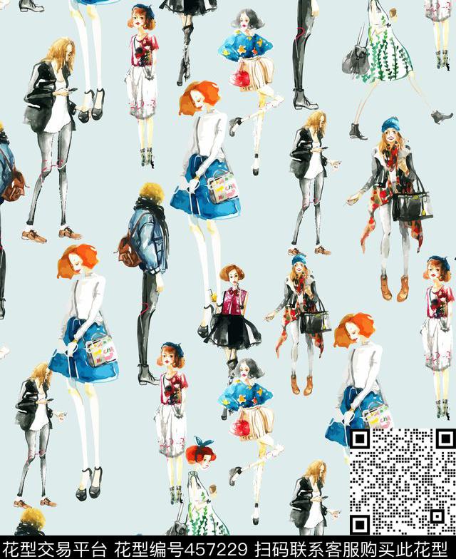 潮流时尚清新人物插画数码印花华亿平台下载（图片编号: 457229） - 瓦栏（Walan）