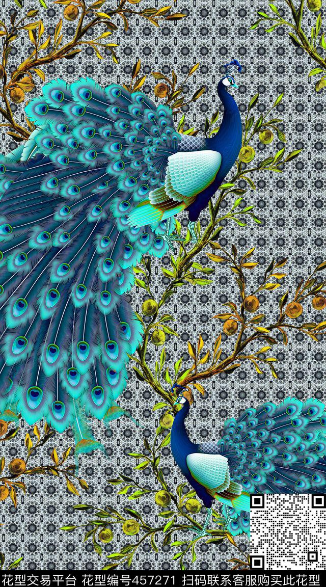 大气定位东西结合孔雀大气裁片定位数码印花华亿平台下载（图片编号: 457271） - 瓦栏（Walan）
