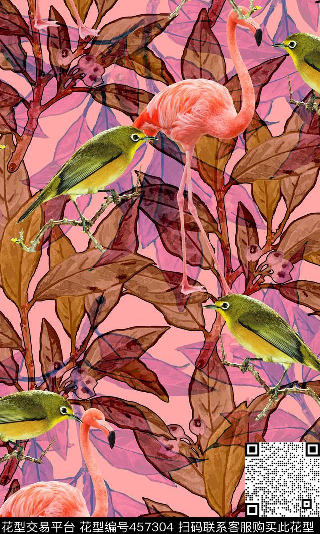 自然写意树叶鸟类传统印花华亿平台下载（图片编号: 457304） - 瓦栏（Walan）