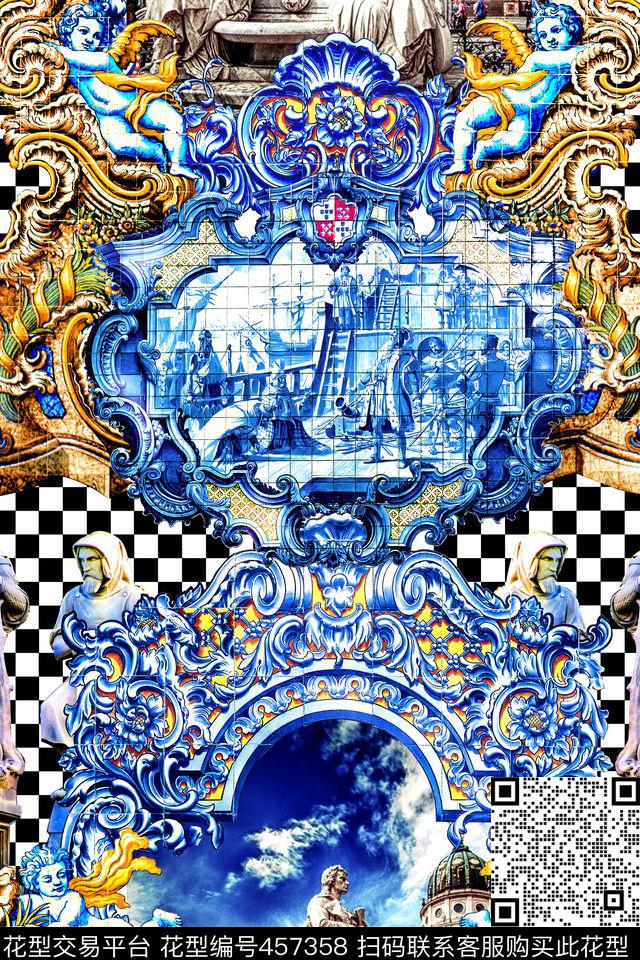 时尚欧式风景几何数码印花华亿平台下载（图片编号: 457358） - 瓦栏（Walan）