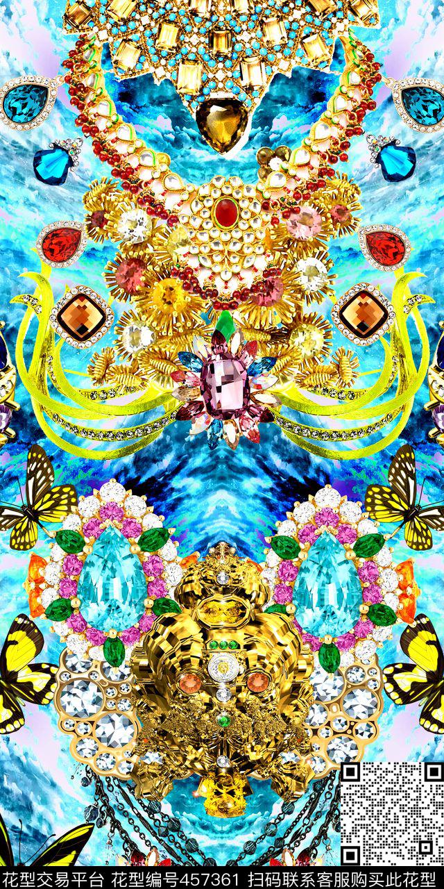 时尚宝石珠宝蝴蝶数码印花华亿平台下载（图片编号: 457361） - 瓦栏（Walan）