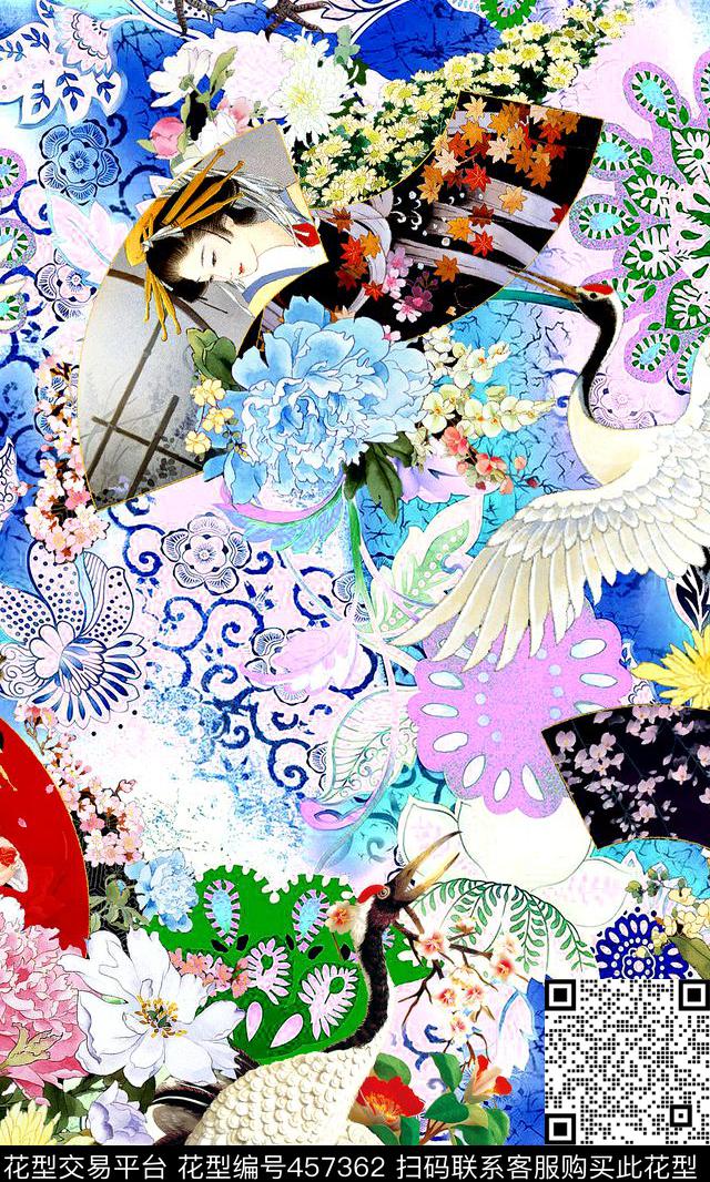 日式浮世绘仙鹤数码印花华亿平台下载（图片编号: 457362） - 瓦栏（Walan）