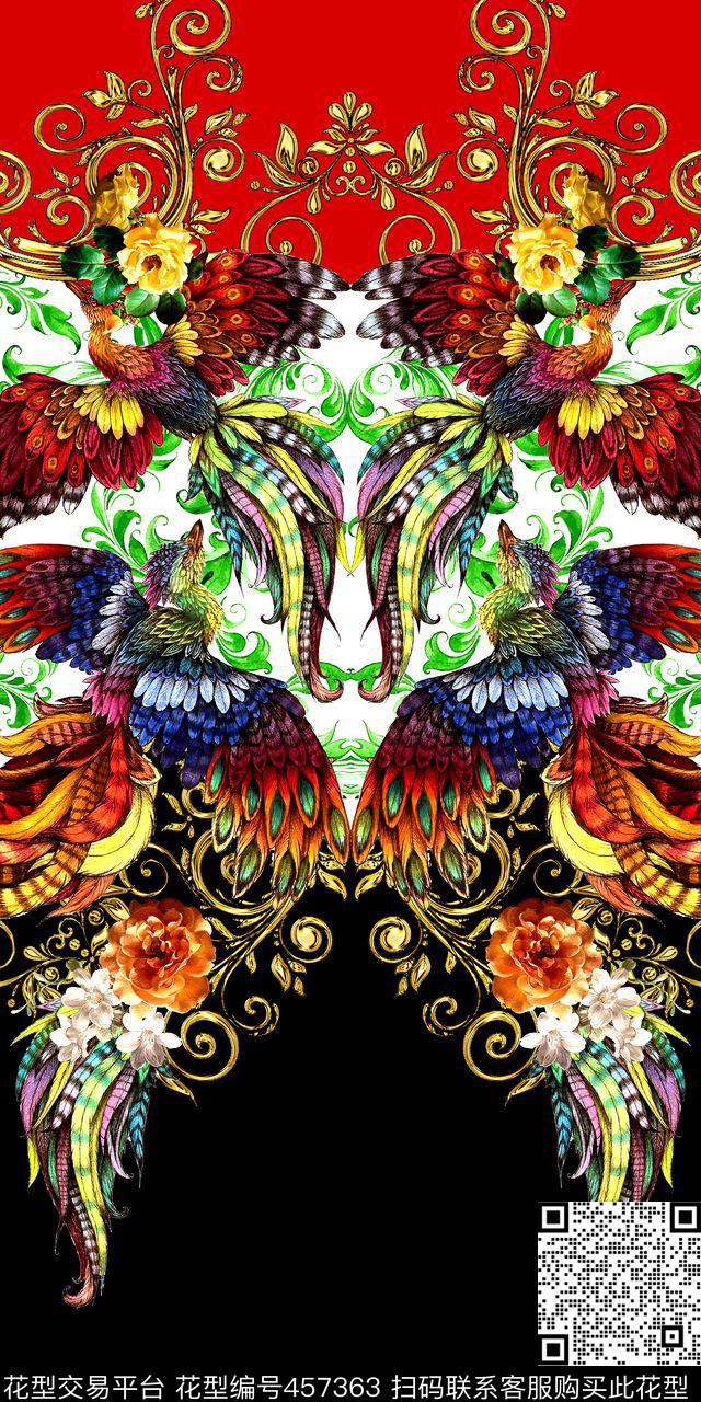 时尚孔雀凤凰数码印花华亿平台下载（图片编号: 457363） - 瓦栏（Walan）