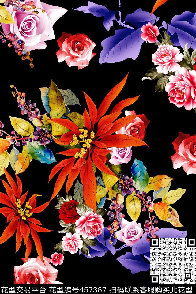 纯色底花卉叶子数码印花华亿平台下载（图片编号: 457367） - 瓦栏（Walan）