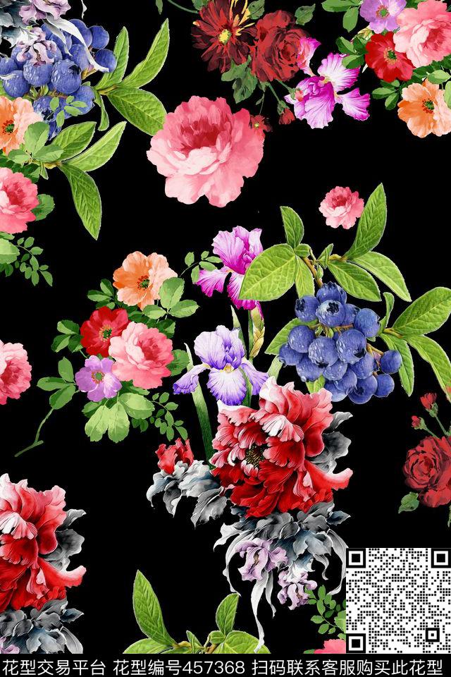 纯色底花卉蓝莓数码印花华亿平台下载（图片编号: 457368） - 瓦栏（Walan）