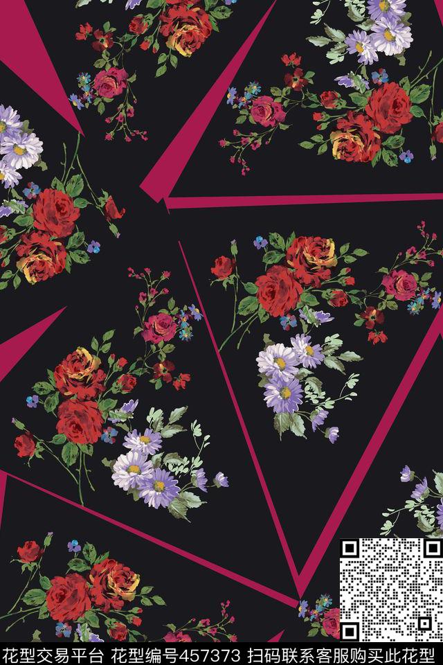 纯色底花卉几何三角数码印花华亿平台下载（图片编号: 457373） - 瓦栏（Walan）