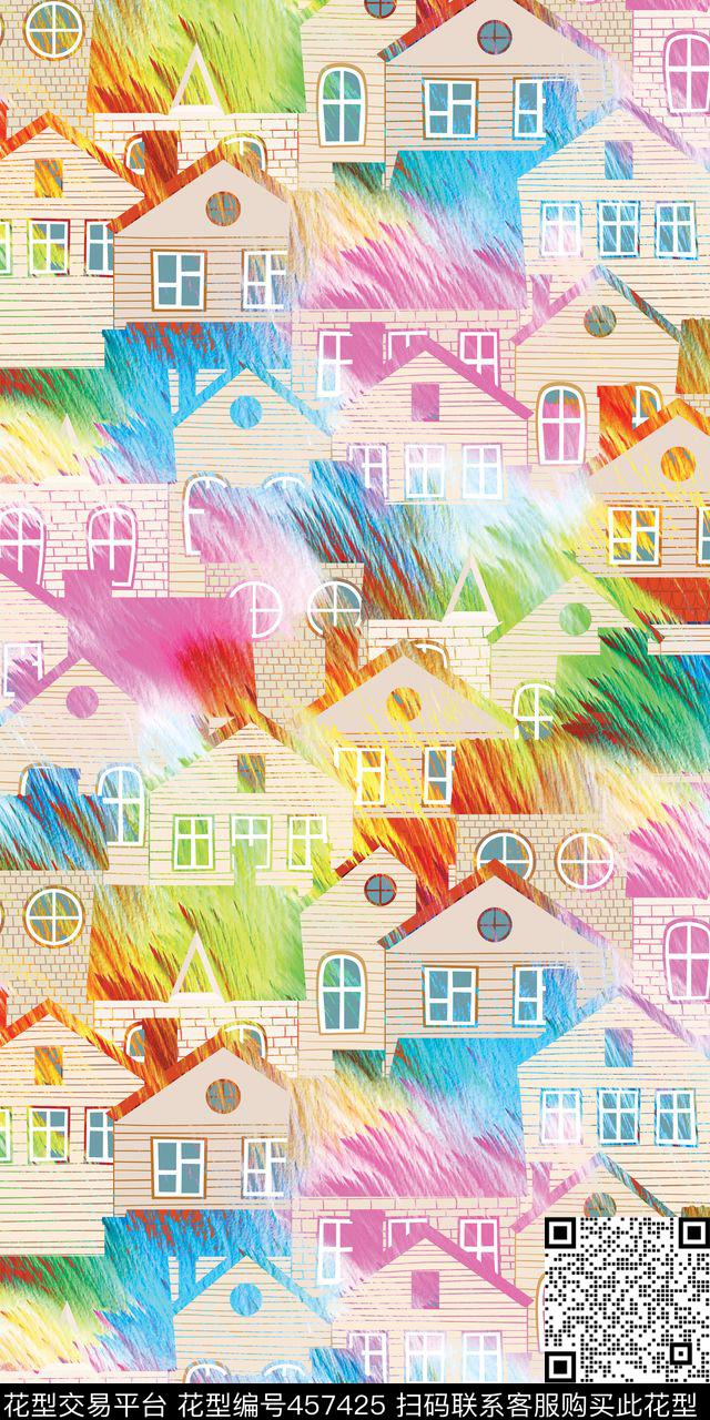 流行时尚彩色房子数码印花华亿平台下载（图片编号: 457425） - 瓦栏（Walan）