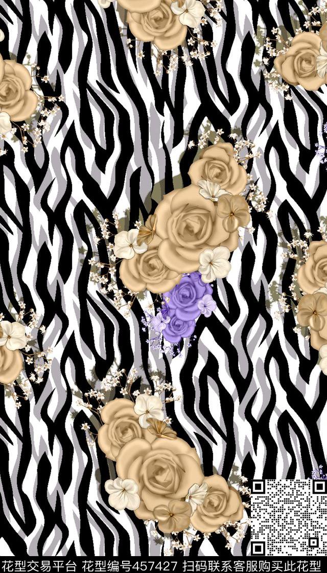 时尚斑马纹花卉传统印花华亿平台下载（图片编号: 457427） - 瓦栏（Walan）