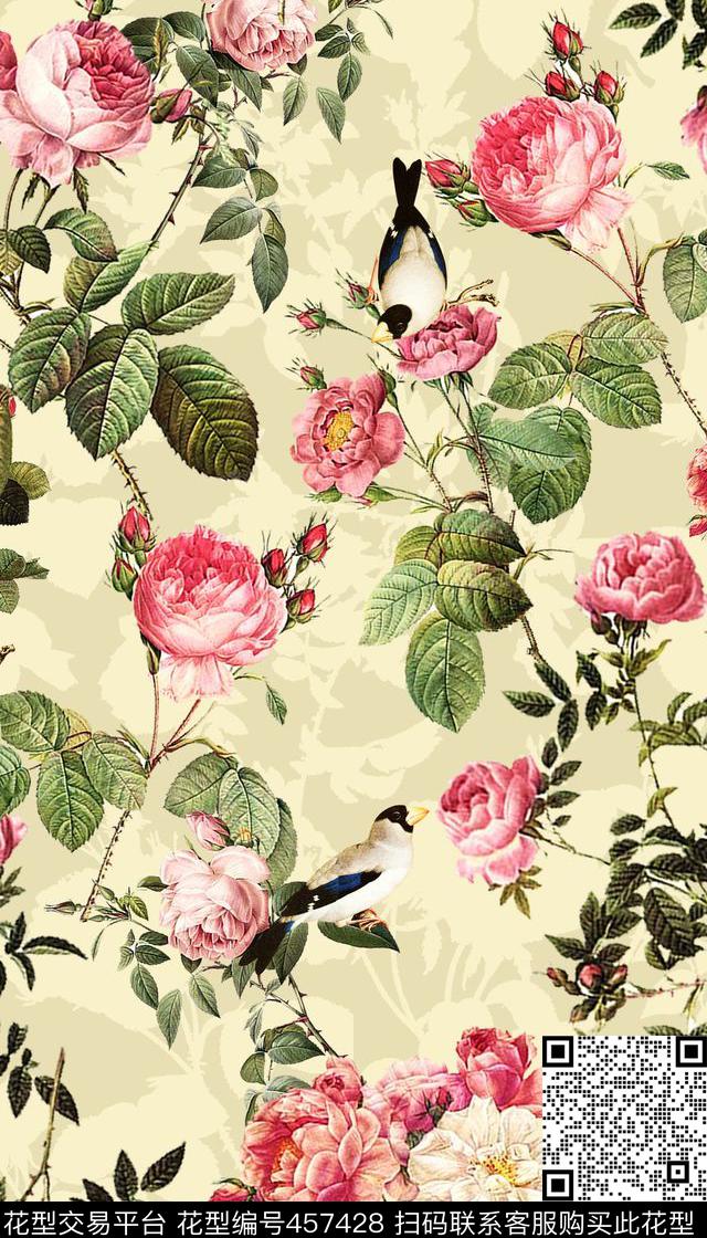 素雅花鸟组合服装传统印花华亿平台下载（图片编号: 457428） - 瓦栏（Walan）