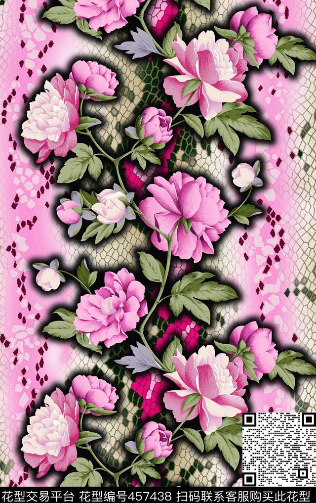 流行时尚蛇纹花卉定位女装数码印花华亿平台下载（图片编号: 457438） - 瓦栏（Walan）