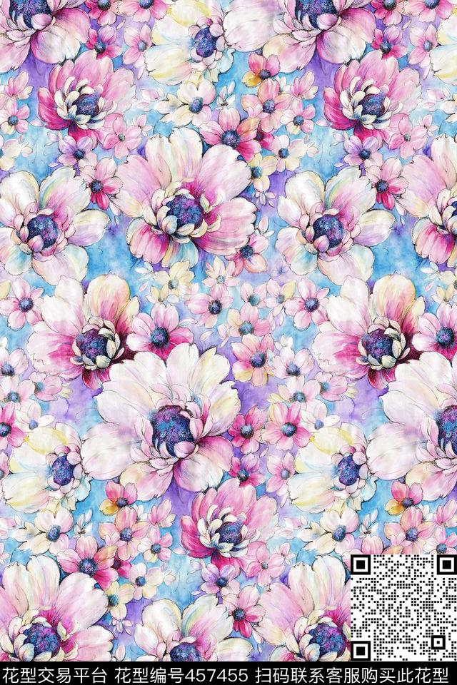 手绘花朵抽象花数码印花华亿平台下载（图片编号: 457455） - 瓦栏（Walan）