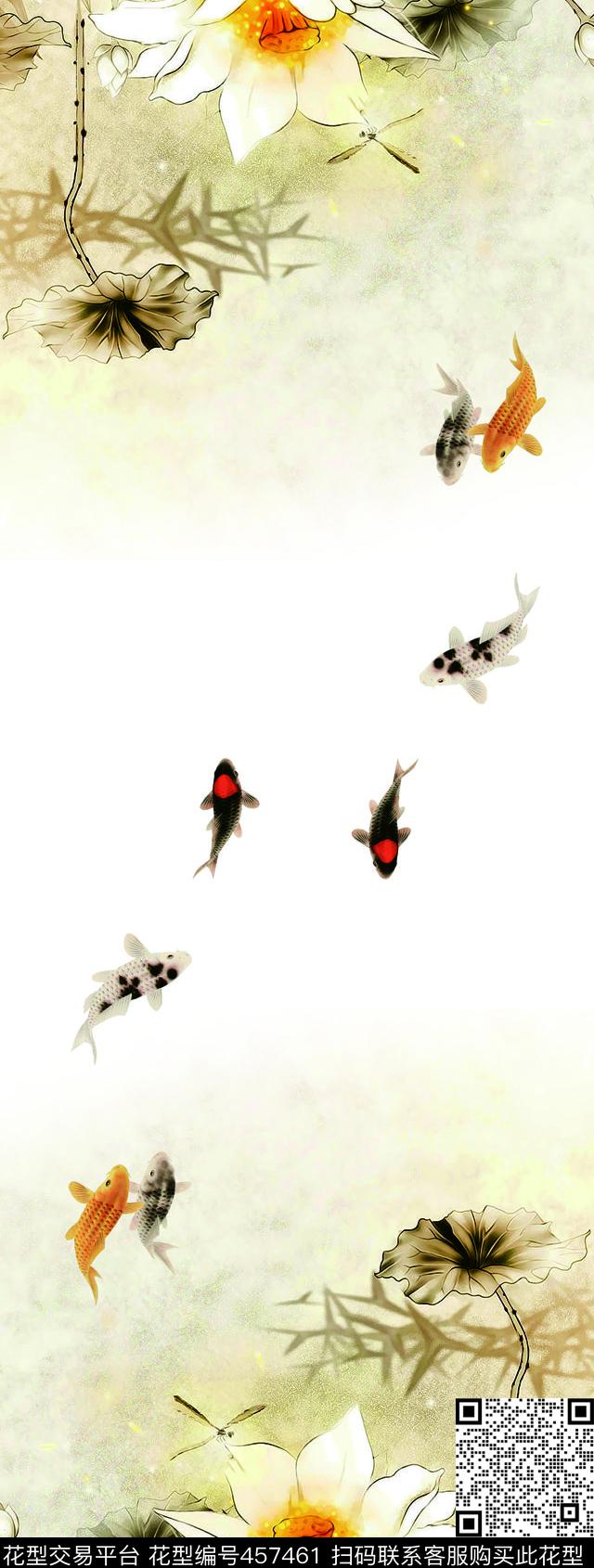 秋天水墨荷花数码印花华亿平台下载（图片编号: 457461） - 瓦栏（Walan）