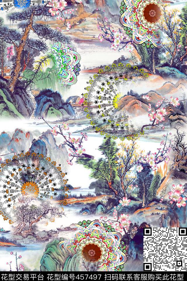 中国风山水花卉数码印花华亿平台下载（图片编号: 457497） - 瓦栏（Walan）