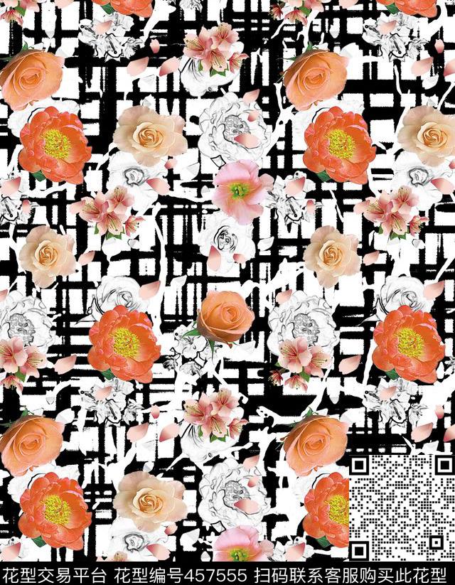 笔触复古花卉数码印花华亿平台下载（图片编号: 457555） - 瓦栏（Walan）