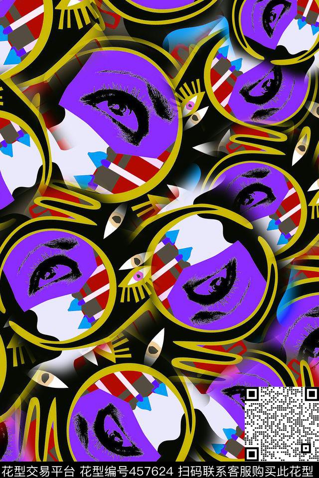 涂鸦眼睛嘴巴传统印花华亿平台下载（图片编号: 457624） - 瓦栏（Walan）