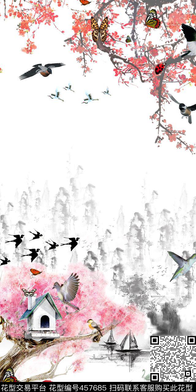 中国风水墨山峦花鸟数码印花华亿平台下载（图片编号: 457685） - 瓦栏（Walan）