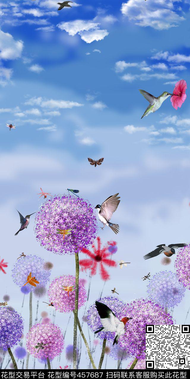 花卉定位蓝天白云花鸟数码印花华亿平台下载（图片编号: 457687） - 瓦栏（Walan）