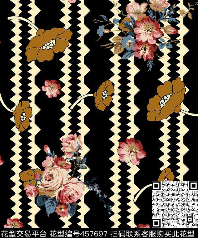 流行花卉几何数码印花华亿平台下载（图片编号: 457697） - 瓦栏（Walan）