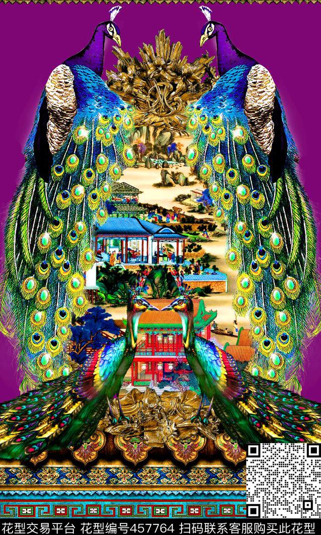中国风DG孔雀数码印花华亿平台下载（图片编号: 457764） - 瓦栏（Walan）