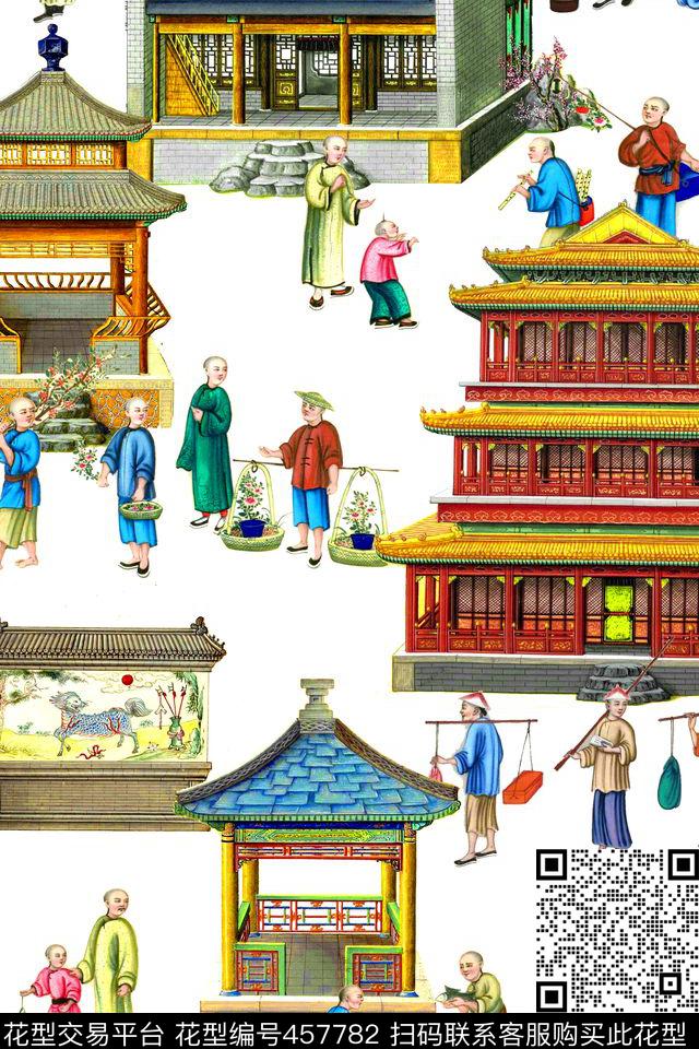 中国风建筑人物数码印花华亿平台下载（图片编号: 457782） - 瓦栏（Walan）
