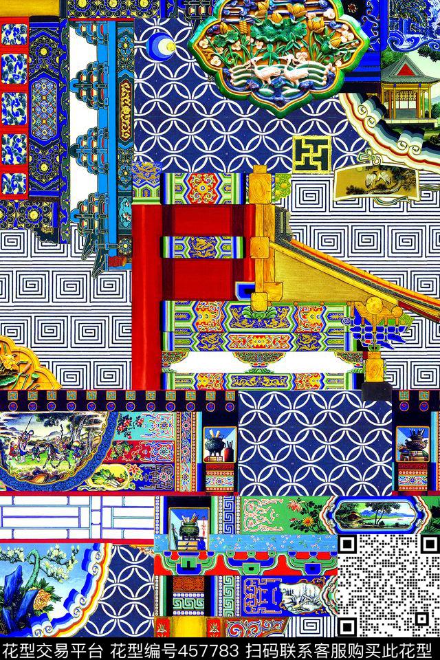中国风建筑雕梁画栋数码印花华亿平台下载（图片编号: 457783） - 瓦栏（Walan）