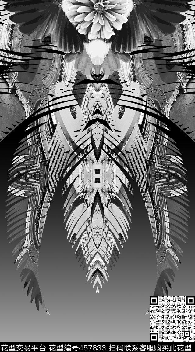 男装破碎花卉组合破碎树叶、花卉、翅膀、黑白灰大气裁片定位数码印花华亿平台下载（图片编号: 457833） - 瓦栏（Walan）