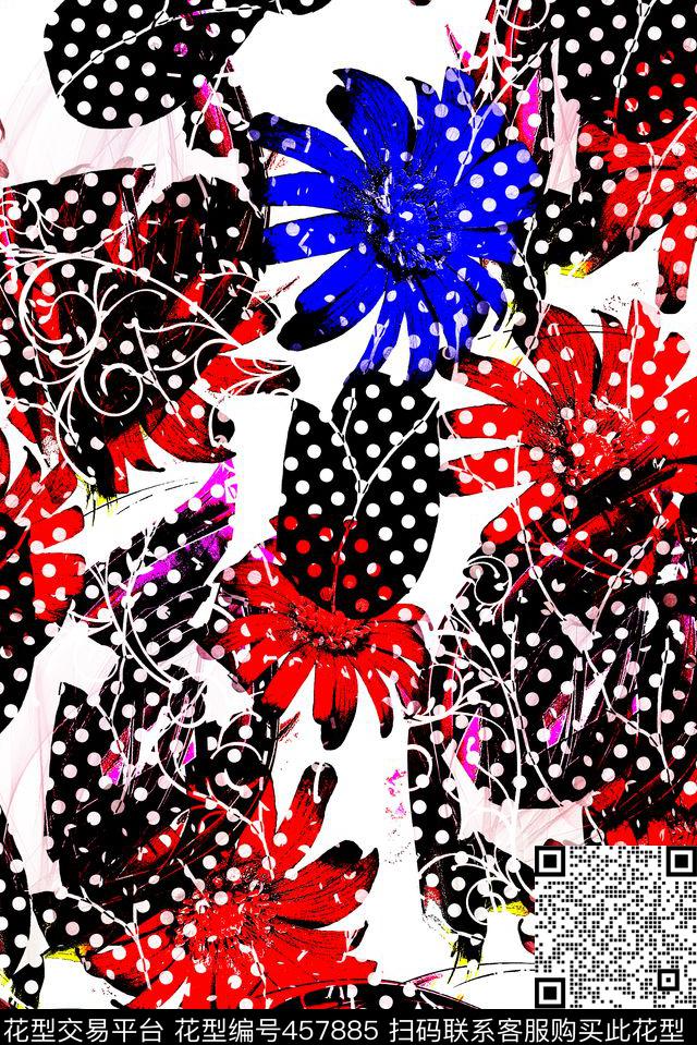 时尚波点花卉数码印花华亿平台下载（图片编号: 457885） - 瓦栏（Walan）
