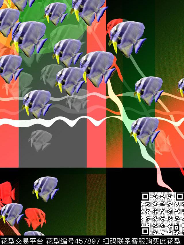 几何动物混搭几何图案鱼数码印花华亿平台下载（图片编号: 457897） - 瓦栏（Walan）