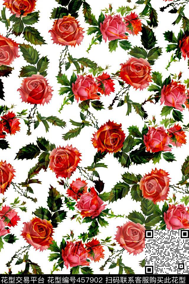 扭曲带刺的玫瑰花卉数码印花华亿平台下载（图片编号: 457902） - 瓦栏（Walan）