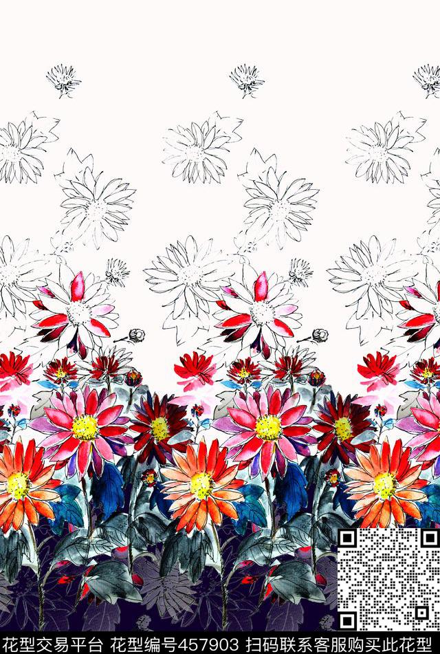 二方连续手绘水彩真丝排花数码印花华亿平台下载（图片编号: 457903） - 瓦栏（Walan）