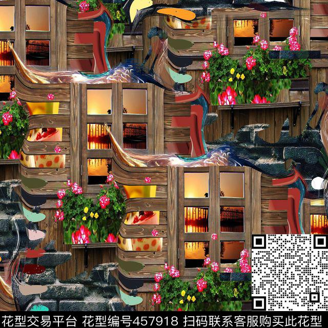 复古窗外风景数码印花华亿平台下载（图片编号: 457918） - 瓦栏（Walan）