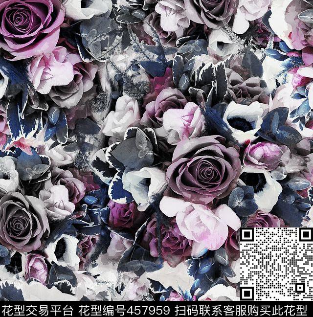 暗色暗调玫瑰灰黑传统印花华亿平台下载（图片编号: 457959） - 瓦栏（Walan）