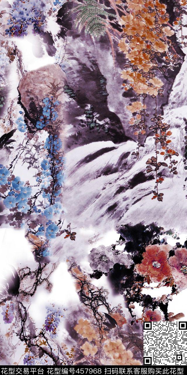 传统水墨花鸟民族数码印花华亿平台下载（图片编号: 457968） - 瓦栏（Walan）