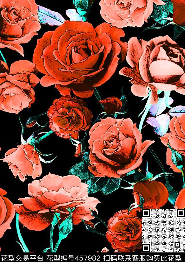 高貴玫瑰花植物时尚泳装数码印花华亿平台下载（图片编号: 457982） - 瓦栏（Walan）